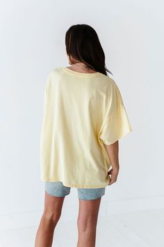 Features Round Neck Short Sleeves Pastel Yellow Color 100% Cotton Size + Fit Small 0-4, Medium 4-8, Large 8-12 Kristin is 5'4", a size 1 and is wearing a Small Oversized fit, size down if you want less oversized. Above recommendation is for an oversized fit. Click here for shorts in photos Click here for shorts in Aimee's try on video Oversized Soft-washed Everyday Tops, Soft-washed Oversized Everyday Tops, Soft-washed Oversized Tops For Spring, Oversized Soft-washed Tops For Spring, Oversized Spring Tops, Casual Oversized Soft-washed Tops, Oversized Soft-washed Drop Shoulder Top, Soft-washed Boxy Fit Tops For Loungewear, Soft-washed Cotton Drop Shoulder Top