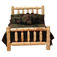 a log bed with green and brown pillows