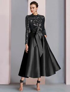 A-Line Mother of the Bride Dress Wedding Guest Elegant Sparkle & Shine High Neck Tea Length Satin Sequined Long Sleeve with Bow(s) Pleats Dress Wedding Guest, Evening Dresses Cocktail, Mother Of The Bride Dress, Wedding Bridesmaid Dresses, Tea Length, Dress Wedding, Mother Of The Bride Dresses, Bride Dress, Special Occasion Dresses