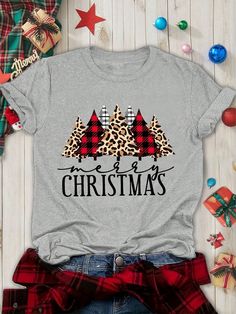 Plus Size Women's Merry Christmas Tree Pattern Printed T-Shirt Light Grey Casual  Short Sleeve Knitted Fabric Christmas,Plants,Textured Pattern  Slight Stretch Summer Women Plus Clothing, size features are:Bust: ,Length: ,Sleeve Length: Cricut Svgs, Cricut Shirts, Family Pjs, Christmas Tree Clipart, Christmas Tee Shirts, Cat Puzzle, Christmas Cut Files, Xmas Tees, Cricut Christmas