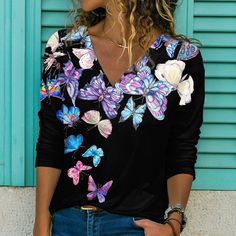 Blue V neck Floral Art Painting Printed Long Sleeve T-Shirt Blue Long Sleeve Printed T-shirt, Blue Butterfly Print T-shirt For Summer, Blue V-neck T-shirt For Fall, Multicolor V-neck T-shirt For Fall, Blue V-neck T-shirt For Spring, Blue Butterfly Print T-shirt For Spring, Blue V-neck T-shirt With Graphic Print, Casual V-neck Butterfly Print Tops, Artistic Printed Tops