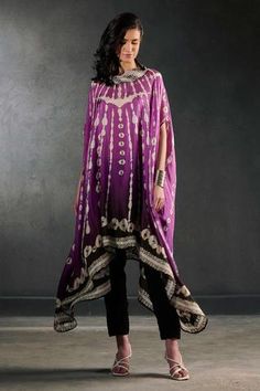 Shop for Rajdeep Ranawat Purple Lavanya Silk Bandhani Print Asymmetric Tunic And Pant Set for Women Online at Aza Fashions Cowl Sleeve, Rajdeep Ranawat, Print Motifs, Bandhani Print, Asymmetric Tunic, Grape Color, Plain Pants, How To Hem Pants, Black Tunic