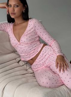 Blueberry Muffin Sleep Set Pink Pink V-neck Sleepwear For Loungewear, Pink Spring Lounging Sets, Pink V-neck Sets For Pajama Party, Pink V-neck Pajama Party Set, Pink Stretch V-neck Sets, Pink V-neck Stretch Sets, Pink Long Sleeve Bedtime Set, Pink Stretch Bedtime Sets, Spring Lounging V-neck Sets