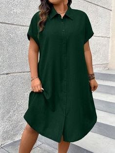 Plus Size Solid Color Turn-Down Collar Front Button Short Sleeve Summer Casual Dress Dark Green Casual  Short Sleeve Woven Fabric Plain Shirt Non-Stretch  Women Plus Clothing, size features are:Bust: ,Length: ,Sleeve Length: Loose Casual Dress, Cotton Tunic Dress, Cotton Tunic, Plain Shirt, Plain Shirts, Vestido Casual, Casual Summer Dresses, Batwing Sleeve, Tunic Dress