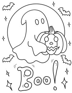 a ghost holding a pumpkin in front of the moon with boo on it's face