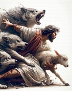 an image of jesus with wolfs on his back