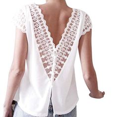 Lace Button Down V-Neck Top Nwot Never Worn V-neck Tops With Buttons, White V-neck Top With Buttons, Lace Top V-neck For Day Out, Blouse Outfit Casual, Button Fashion, Black Lace Midi Dress, Backless Blouse, Button Blouse, Mode Casual