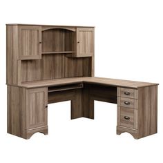 the corner desk has two drawers and a hutch on it's left side