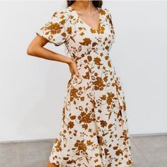 This Dress Has Been Won Once For A Special Occasion. Looks Brand New! Questions? Leave A Comment Below! Cream A-line Midi Dress With Floral Print, Beige Flowy A-line Midi Dress, Beige Floral Print Midi Dress, A-line Cream Midi Dress With Floral Print, Cream Floral Print Midi Dress For Summer, Beige A-line Midi Dress For Brunch, Beige Floral Print V-neck Midi Dress, Brown Short Sleeve Dress With Floral Print, Beige Printed Maxi Dress