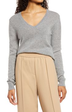 Stay warm in this luxuriously soft cashmere sweater fashioned in a relaxed, easy-to-layer fit. V-neck Long sleeves 100% cashmere Dry clean Imported Leggings Outfit Casual, Nordstrom Sweaters, Layered Fits, Nordstrom Women, Cowl Neck Top, Leggings Casual, Cashmere Sweater, Look Chic, Outfits With Leggings