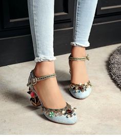 Floral Gem Studded Heels | mygoodyshop.com – MyGoodyShop Sandals Vintage, Wedding High Heels, Flower Heels, Basic Heels, Caged Heels, Studded Heels, Girly Shoes, Blue Heels, Wedding Sandals