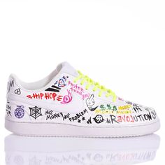 Nike Full Graffiti is the custom sneaker for both men and women in full street style, completely hand-drawn and covered in graffiti, just like in the most famous street neighborhoods in the world. Perfect for your bold and outgoing style, also thanks to the fluorescent yellow lace. Nike Full Graffiti will also be provided with its original white lace. White Lace-up Hip Hop Sneakers, Letter Print Lace-up Sneakers For Streetwear, Letter Print Lace-up Skate Shoes For Streetwear, Letter Print Sneakers With White Sole For Streetwear, White Sole Sneakers With Letter Print For Streetwear, Streetwear Sneakers With Letter Print And White Sole, Casual Skate Shoes With Letter Print For Streetwear, Multicolor Logo Print Sneakers For Streetwear, Low-top Graphic Print Skate Shoes For Sports