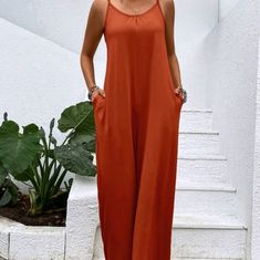 Rust Solid Hidden Pocket Maxi Cami Jumpsuit Casual Orange Jumpsuits And Rompers For Day Out, Red Jumpsuits And Rompers With Pockets For Beach, Red Beach Jumpsuits And Rompers With Pockets, Red Beach Jumpsuit With Pockets, Spandex Romper, Black One Piece Jumpsuit, Animal Print Jumpsuit, Black White Jumpsuit, Tank Jumpsuit