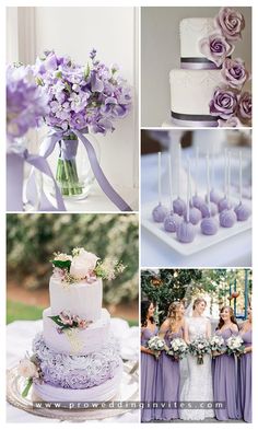 purple and white wedding colors with flowers on the cake, bridesmaids in gowns and bouquets