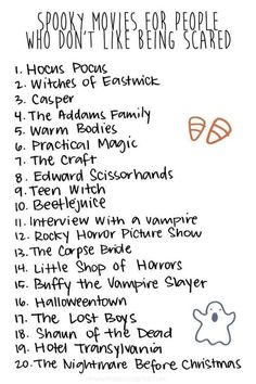 a list with words and pictures on it that say, spooky movies for people who don't like being scared