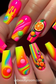 Bright nails are colorful and eye-catching, perfect for adding a pop of excitement to any look.  They are also a great choice for summer!  This post contains 39 ideas for bright nails, including: simple, cute, inspo, classy, elegant, fun, funky, edgy, neon, ideas, art, summer, designs, acrylic, short, for spring, almond. Themed Nails Designs, Bright Color Nail Designs, Satanic Nails, Neon Ideas, Bright Nail Designs, Summer Nails 2024, Art Nail Designs, Summer Nail Colors, Summer Designs