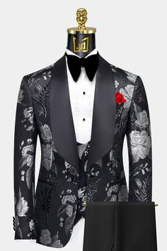 Black And Silver Tuxedo Prom Mens Suits, Black And Silver Tuxedo, Black And Silver Suit, Floral Tuxedo, Tuxedo Prom, Black Tuxedo Suit, Custom Tuxedo, Prom Tuxedo, Streetwear Ideas