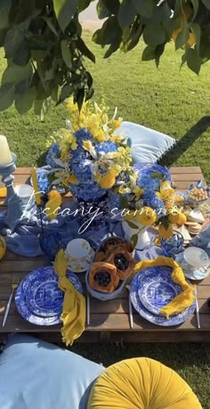 a table with blue and yellow plates on it in the middle of a grassy area