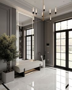 an elegant bedroom with marble flooring and large mirrors above the bed, along with two planters on either side of the bed