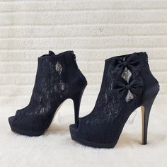 5 1/4" (13.3cm) Heel, 1 1/2" (3.8cm) Hidden Platform Lace Overlay Peep Toe Ankle Bootie With Double Side Bow Detail And Full Back Zipper New In Box Party Platform Ankle-high Boots, Glamorous Ankle-high Heels With 4-inch Heel, Party Ankle-high Platform Boots, Platform High Heel Party Boots, Party Platform High Heel Boots, Chic Platform Party Boots, Open Toe Boots For Party In Spring, Open Toe Boots For Spring Party, Chic Platform Boots For Party