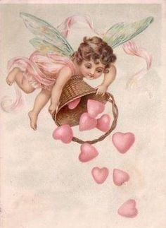 an old fashioned valentine's day card with a cupid on the side and hearts floating from it