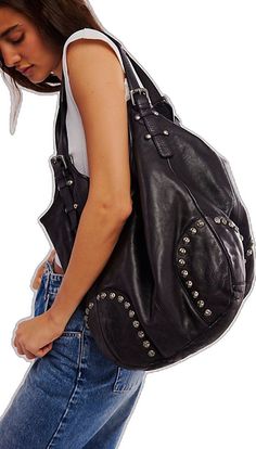 Riveted Shoulder Bag, Everyday Tote Bag With Rivets, Everyday Shoulder Bag With Rivets, Edgy Shoulder Bag For Travel, Chic Everyday Shoulder Bag With Rivets, Chic Shoulder Bag With Rivets For Everyday Use, Edgy Everyday Bags With Rivets, Riveted Satchel Shoulder Bag, Chic Hobo Bag With Leather Backing