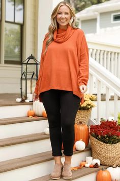 Chic Soul plus size clothing, rust sweater with a cowl neckline Casual Cowl Neck Sweater For Layering, Solid Color Tops For Layering In Fall, Oversized Funnel Neck Top For Fall, Cozy Solid Tops For Fall, Cozy Solid Color Tops For Fall, Casual Cowl Neck Loungewear Top, Versatile Fall Loungewear Tops, Versatile Tops For Fall Loungewear, Trendy Fall Tops With Funnel Neck