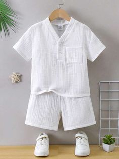 SHEIN Vintaside Kids 2pcs/Set Young Boy Casual Comfortable Simple & Versatile Soft Cotton Linen Texture Short Sleeve Shirt And Shorts Spring Summer Outfit | SHEIN USA Summer Outfit Shein, Boys Linen Shirt, Outfit Shein, Shirt And Shorts, Linen Texture, Boys Set, Mua Sắm, Boys Casual, Kids Beachwear