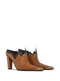 ETRO cowboy-style Leather Mules - Farfetch Brown Calf Leather Slip-on Mules, Western Leather Mules With Pointed Toe, Western Style Leather Mules With Pointed Toe, Brown Pointed Toe Heels With Contrasting Heel Counter, Western Leather Mules For Fall, Western Closed Toe Mules For Fall, Western Style Closed Toe Mules For Fall, Western Style Slip-on Mules With Leather Sole, Western Style Leather Heels With Pointed Toe