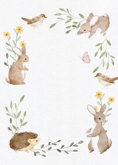 a watercolor painting of rabbits and birds in the middle of a circle with flowers