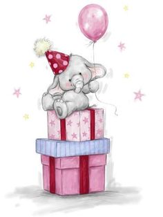 an elephant in a party hat sitting on top of a gift box with a balloon