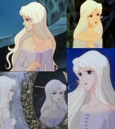 four pictures of white haired women with long hair, and one is looking at her reflection in the mirror