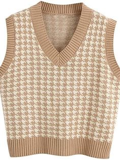 New Autumn Winter Women's V-neck Knitted Vest Sleeveless Pullover Sweater Office Lady Vintage Sweater Superimposed Garments Tops Houndstooth Sweater, Casual Knitwear, Sweater Vest Women, Knitted Vest, Elegante Casual, England Fashion, Sleeveless Pullover, Casual Vest, Vest Fashion