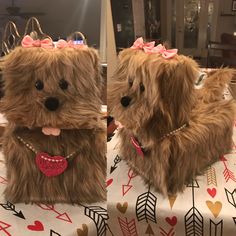 two pictures of a stuffed dog with a pink bow on it's head and wearing a tiara