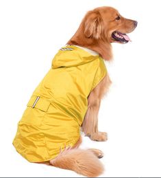 a brown dog wearing a yellow raincoat sitting on the ground with its mouth open