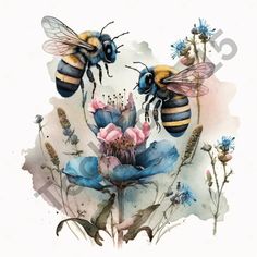 two bees sitting on top of blue flowers