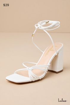 The Lulus Nouvel White Strappy Lace-Up High Heel Sandals are the perfect finishing touch to your soiree look! Smooth faux leather shapes these must-have sandals with a square toe bed and a network of toe straps with a knotted detail at the side. Long laces (with gold aglets) sprout from the sides to wrap around and tie above the ankle, all atop a trendy block heel. 3. 5" Wrapped Block Heel. Cushioned Insole. Rubber Sole Has Nonskid Markings. Man Made Materials. Imported. Lulus | Nouvel White Str Trendy Block Heels, White Strappy Heels, Strappy Block Heel Sandals, Lace Up Block Heel, Lace Up High Heels, Lulu Fashion, Sandal Heels, Heel Sandal, Lace Up Heels