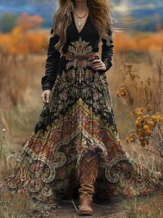 Boho Attire Women, Bohemian Style Clothing Winter, Western Maxi Dress, Hippie Dresses Boho, Bohemian Dress Long Sleeve, Bohemian Witch, Whimsical Clothing, Bohemian Dresses Long, Cowgirl Style Outfits