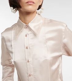 Acne Studios - Satin shirt | Mytheresa Semi-formal Feminine Silk Blouse, Spring Formal Button-up Shirt, Elegant Semi-formal Shirt With Covered Buttons, Designer Silk Shirt With Spread Collar, Designer Silk Blouse With Spread Collar, Luxury Buttoned Shirt For Spring, Formal Silk Feminine Blouse, Formal Silk Blouse Feminine Style, Formal Feminine Silk Blouse