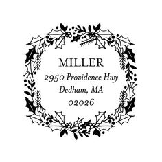 a black and white stamp with holly wreaths on it, reads miller 995 providence hay dedham, ma 020206