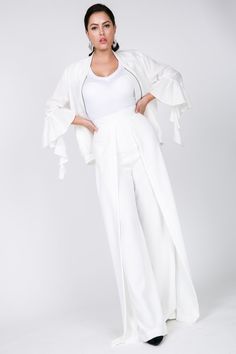 Front wide pleated palazzo pants High waisted Wide leg 100% Polyester Model is wearing a size small White Maxi Length Bottoms For Spring, Elegant White Pleated Pants, White Pleated Wide Leg Pants, White Pleated Summer Pants, Summer White Pleated Pants, Elegant White Wide Leg Culottes, White Pleated Pants For Spring, Spring White Pleated Pants, White High Waist Wide Leg Pants For Party