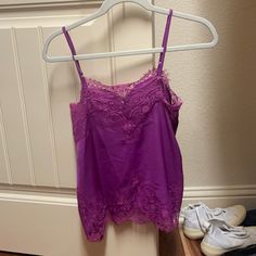 Never Worn Feminine Purple Tops With Lace Trim, Purple Camisole For Daywear, Feminine Purple Camisole Top, Elegant Purple Camisole Top, Feminine Purple Camisole For Spring, Feminine Purple Sleeveless Camisole, Silk Cami, Purple Silk, Pink Purple