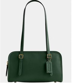 This is an authentic Coach Swing Bag. This stunning designer bag from Coach in the beautiful Hunter Green is the perfect addition to any stylish outfit. The bag is crafted from high-quality leather, with brass hardware accents and a zip closure for added security. The medium-sized bag features a solid pattern and a shoulder strap for easy wear. The interior is lined with luxurious green leather and there's an inside zip pocket to keep your belongings secured. The Coach Swing Zip Bag is part of the Coach Originals product line and is perfect for any fashion-conscious woman.  - This is a medium size bag; 10" (L) x 6" (H) x 3 1/4" (W)  - Glovetanned leather in green  - One credit card slot and an inside zip pocket  - Zip closure at the top and leather lining  - Adjustable handles with 10 1/2" Medium Sized Bags, Stylish Outfit, Zipped Bag, Solid Pattern, Designer Bag, Hunter Green, Green Leather, Brass Hardware, Easy Wear