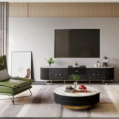 a living room with a large flat screen tv mounted on the wall above a coffee table