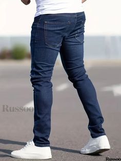 Russoo - Mens Spring-Summer Casual Solid Color Mid-Stretch Cotton Jeans, Tailored Slim Fit Denim Pants Casual Slim Stretch Pants, Casual Slim Stretch Bottoms, Non-stretch Slim Casual Pants, Casual Non-stretch Slim Pants, Slim Stretch Summer Bottoms, Slim Stretch Bottoms For Summer, Stretch Slim Bottoms For Summer, Casual Slim Fit Denim Pants, Casual Slim Denim Bottoms