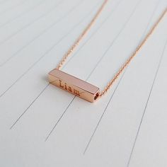 All of our products are handmade.Adorable gold personalized bar necklace that can be engraved with any words, names, monogram,initials,coordinate, roman numeral,birthday,any signs your requests.Necklace is Engraved - Not Stamped.The custom name bar necklace is made out of 925 sterling silver,it measures about 20mm*5mm*5mmThe length of sterling silver chain can be selected in 14",16",18",20" or 22".You can have it done in sterling silver,18k gold plating,rose gold plating,white gold plated.Please Personalized Rose Gold Bar Necklace As Gift, Personalized Rose Gold Bar Necklace For Gift, Minimalist Bar Necklace With Custom Name, Minimalist Bar Necklace With Customized Rectangular Pendant, Minimalist Rectangular Bar Necklace As Personalized Gift, Minimalist Rectangular Bar Necklace For Personalized Gift, Minimalist Rectangular Pendant Bar Necklace For Personalized Gift, Minimalist Custom Name Bar Necklace As Personalized Gift, Minimalist Gold Bar Necklace With Name