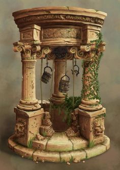 a painting of an old fashioned fountain with plants growing out of it and hanging from the sides