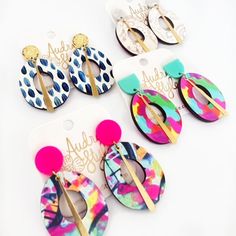 Make a statement this spring and summer with these neutral Bold Statement Earrings! Featuring vibrant colors and Audra's artwork, these medium-sized earrings are sure to catch attention. With a touch of brass charm, they're perfect for adding a pop of personality to any outfit. All findings and posts are nickel-free. Be ready to wear these with everything! These earrings are super lightweight and one-of-a-kind. Materials: wood, acrylic, brass Painted Mailboxes, Rainbow Springs, Painting Glassware, Hippie Earrings, Wood Acrylic, Epoxy Resin Crafts, Link Earrings, Pink Spring, Statement Earring