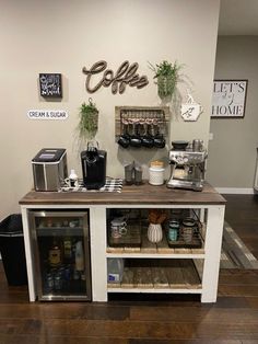 a coffee bar with lots of items on it