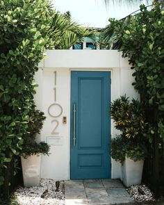 a blue door is in between two white planters